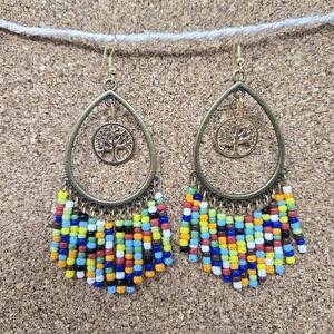Colorful Beaded Tree of Life Charm Earrings